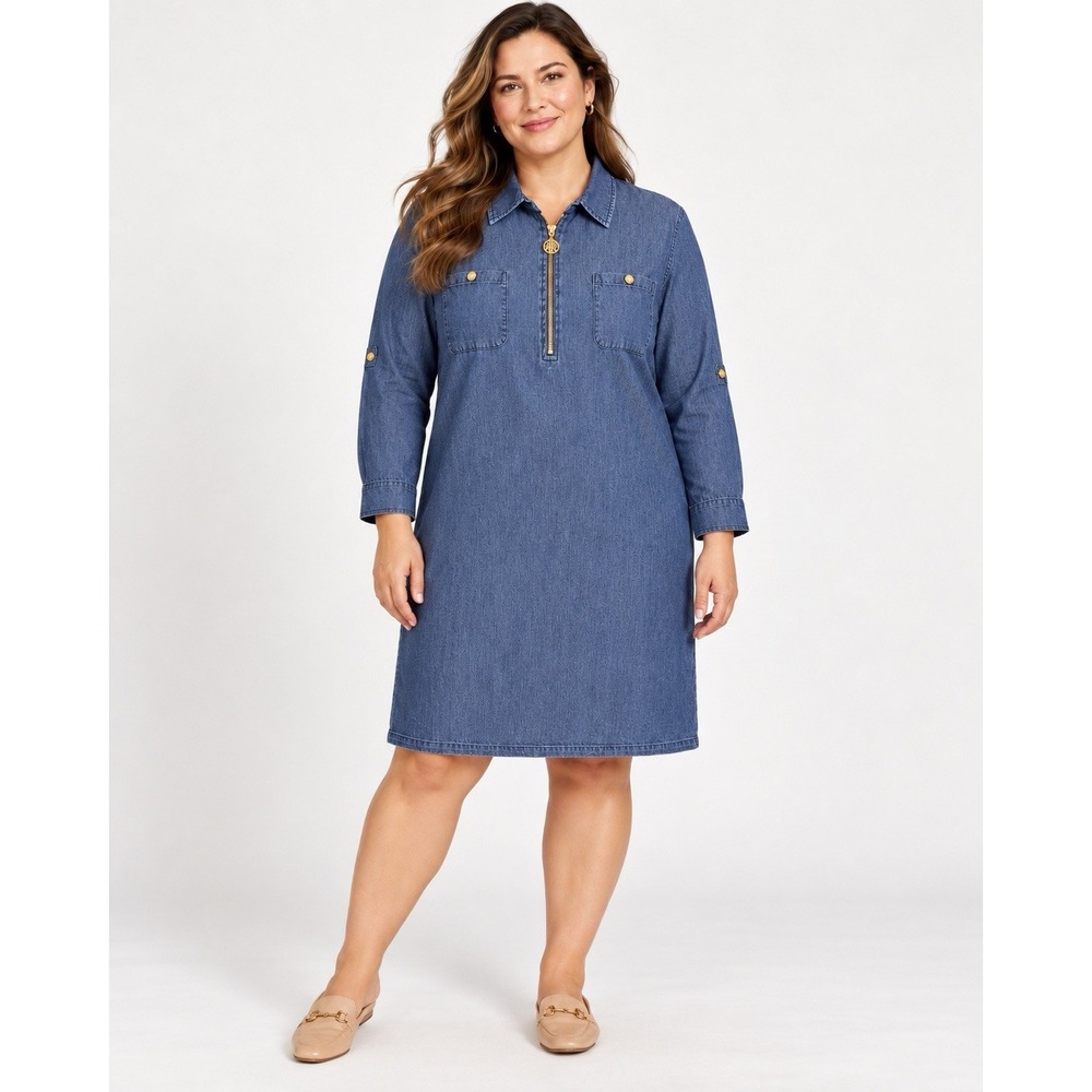 Anne Klein Size 16 Chambray Denim Zip Shirt Dress, Gold Hardware Long Sleeve